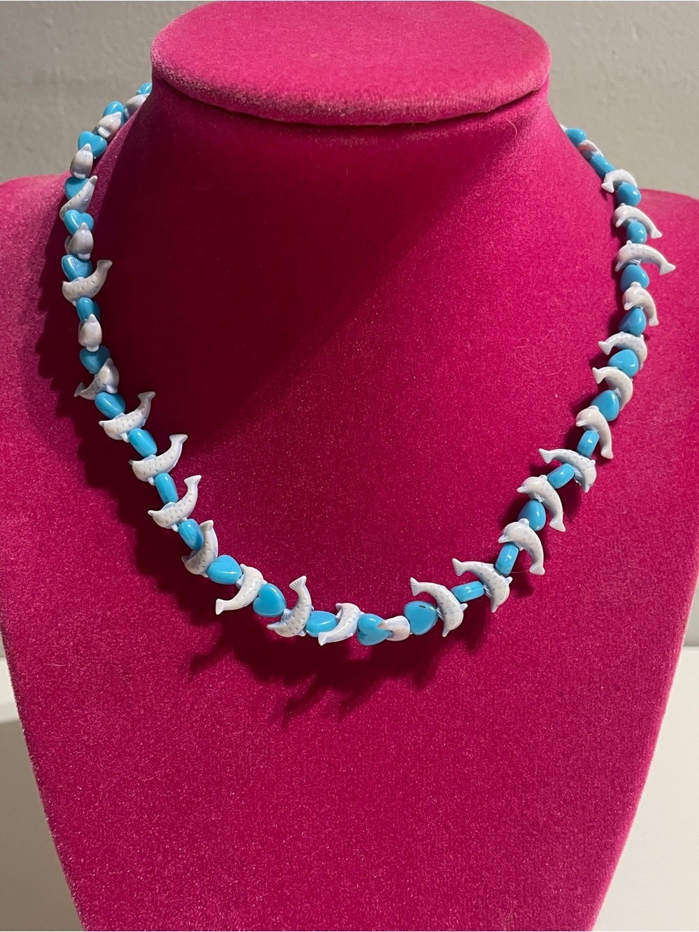 Y2K Turquoise and White Dolphin Bead Necklace ,Jewelry Teal,white heart beads